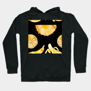 black, pineapple, banana, yellow, orange, juicy, fruit, glitter, gold, summer, pattern, funny, sunny, vivid, pink Hoodie